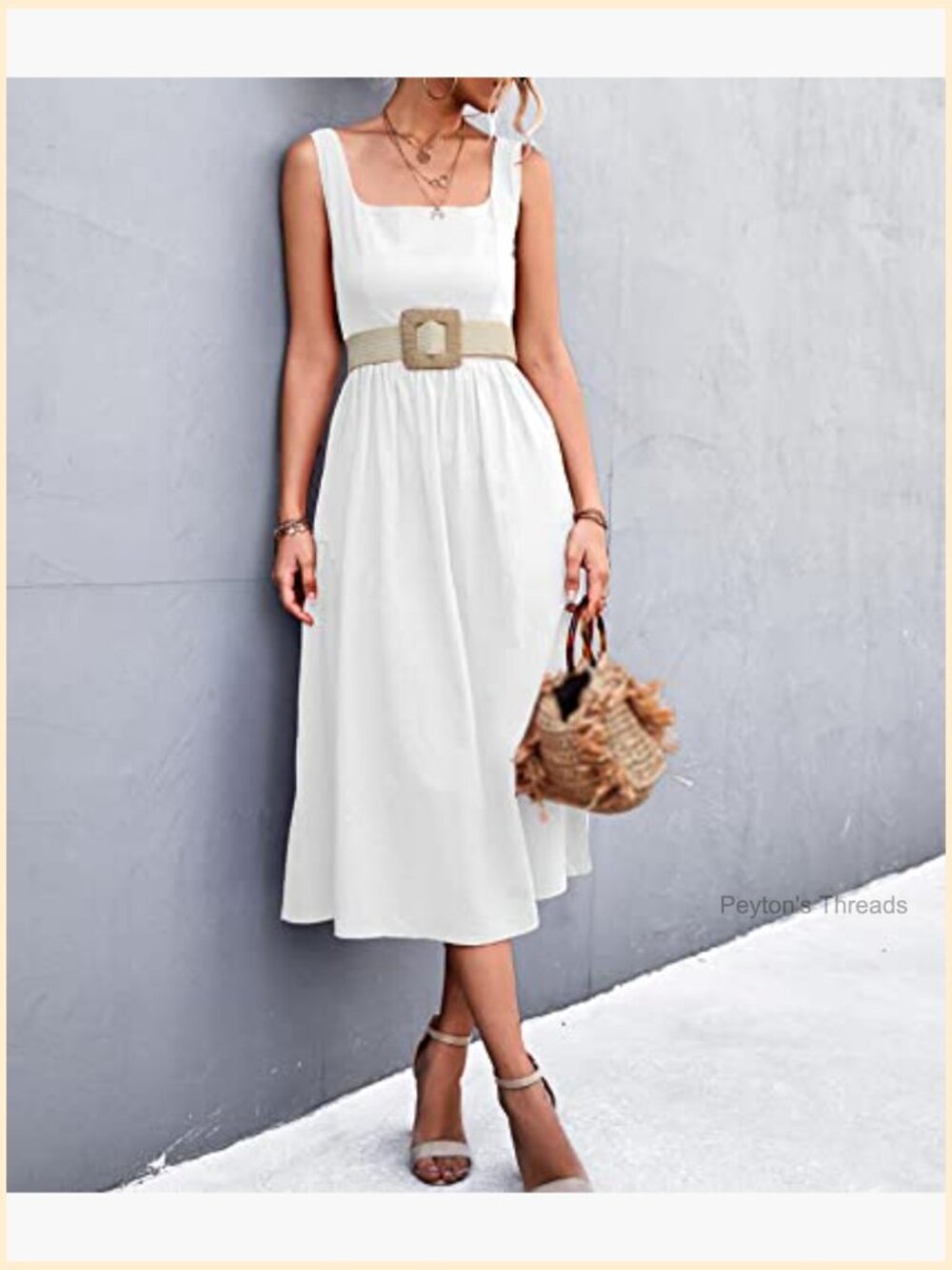 Women's Square Collar Casual Dress Sleeveless Pleated A-Line Backless Midi - Picture 2 of 6